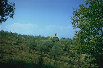 Trevi, Italy. Manciano, voc. Elceto. Church of S. Martino in the midst of the olive trees.